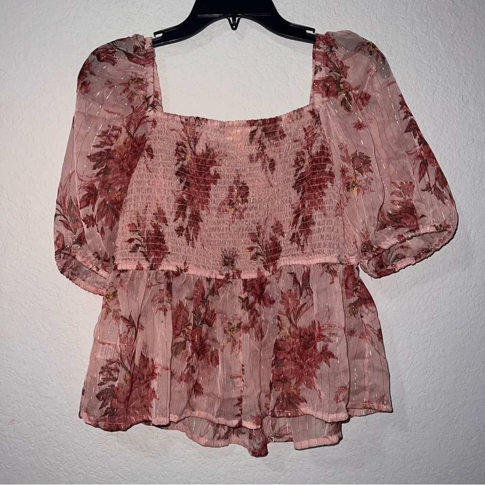 Dizzy Lizzy Pink Floral Blouse with Puff Sleeves